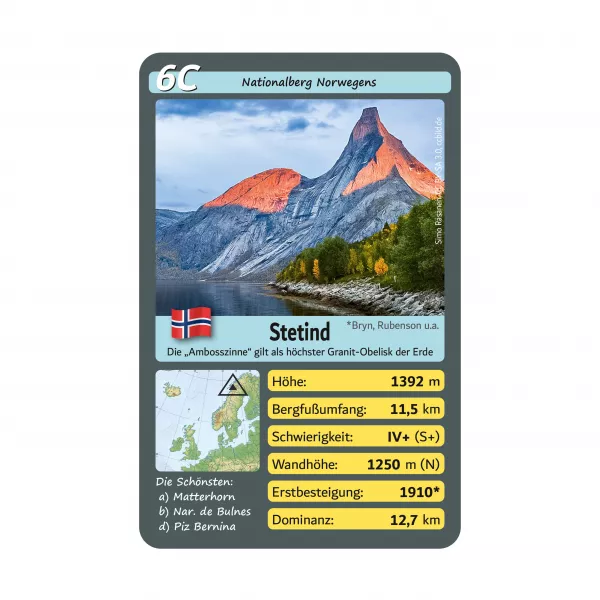 Der Stetind in Norwegen ist ein majestätischer Granitgipfel, der oft als Götteramboss bezeichnet wird. Bekannt für sein einzigartiges Aussehen und seine Beliebtheit bei Kletterern.
