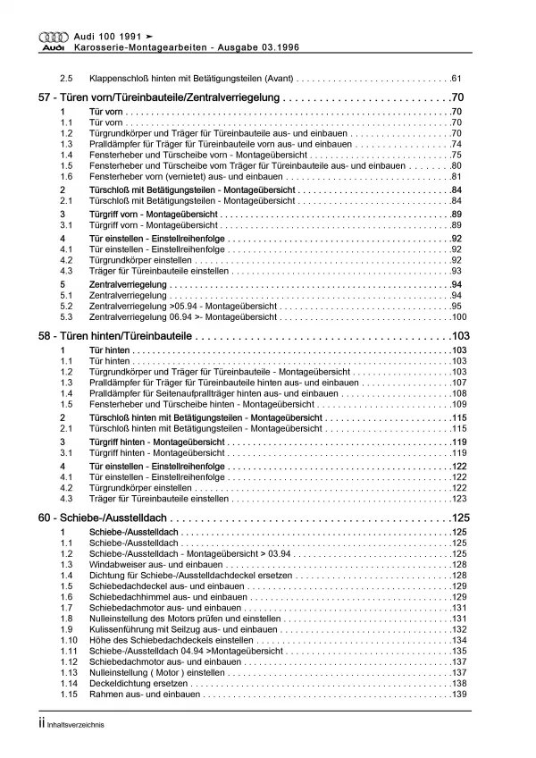 Audi 100 Typ 4A 1990-1997 Karosseriearbeiten Innen und Außen Reparaturanleitung