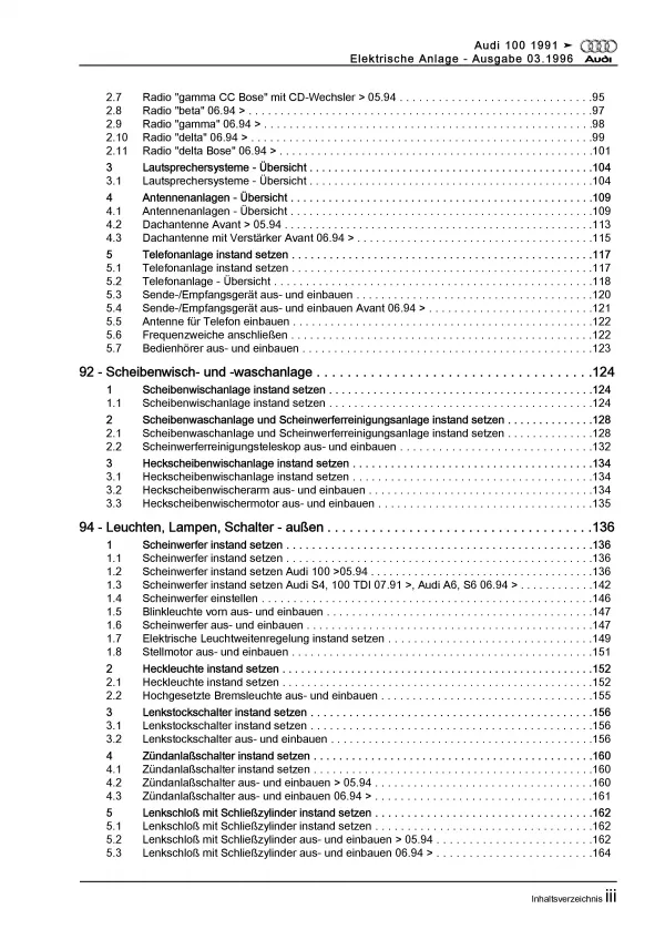 Audi 100 4A 1990-1997 Elektrische Anlage Elektrik Systeme Reparaturanleitung PDF