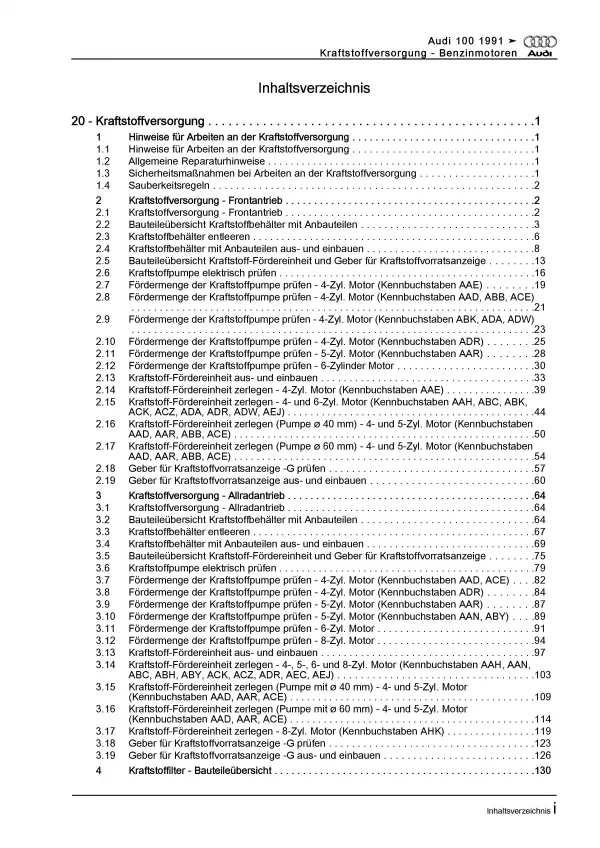 Audi 100 Typ 4A 1990-1997 Kraftstoffversorgung Benzinmotoren Reparaturanleitung