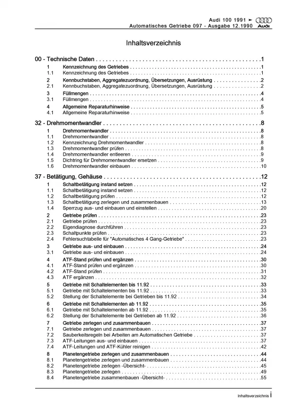 Audi 100 Typ 4A 1990-1997 4 Gang Automatikgetriebe 097 Reparaturanleitung PDF