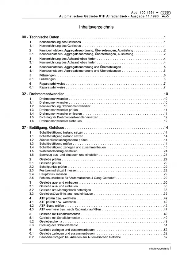 Audi 100 Typ 4A 1990-1997 4 Gang Automatikgetriebe 01F Reparaturanleitung PDF