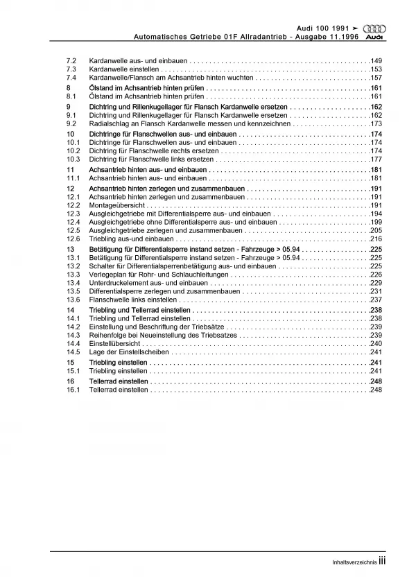 Audi 100 Typ 4A 1990-1997 4 Gang Automatikgetriebe 01F Reparaturanleitung PDF