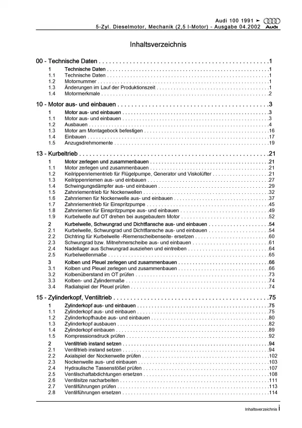 Audi 100 4A 1990-1997 Dieselmotor 115-140 PS Mechanik Reparaturanleitung PDF