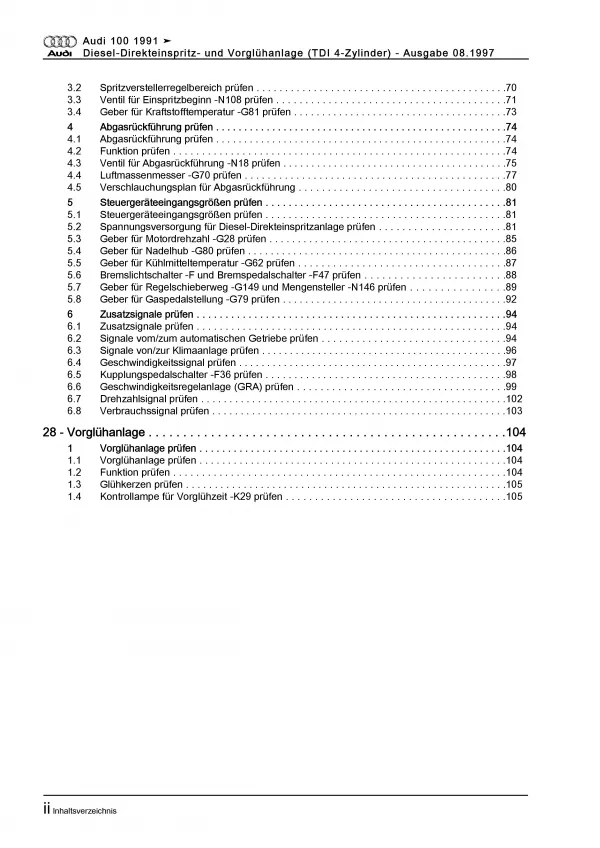 Audi 100 4A (90-97) Diesel Einspritz- Vorglühanlage 90 PS Reparaturanleitung PDF