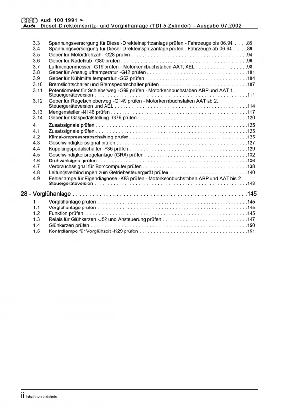 Audi 100 Typ 4A 1990-1997 Diesel Einspritz- Vorglühanlage Reparaturanleitung PDF