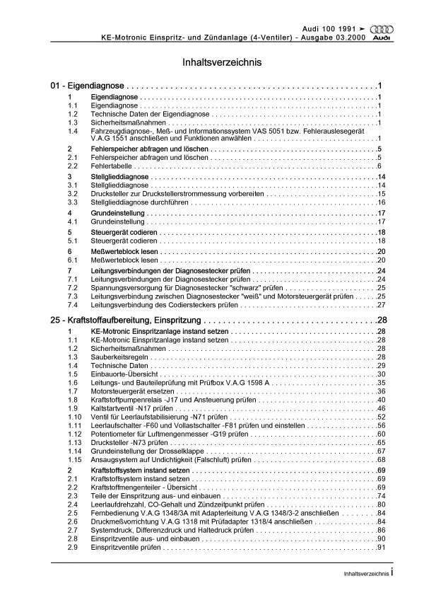 Audi 100 1990-1997 KE-Motronic Einspritz- Vorglühanlage Reparaturanleitung PDF