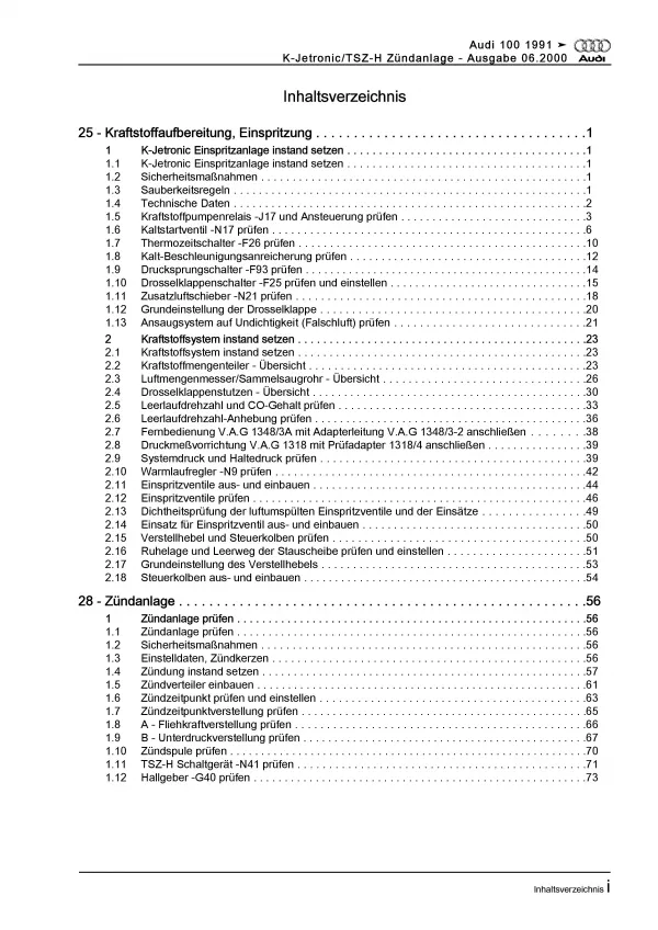 Audi 100 4A (90-97) K-Jetronic/TSZ-H Zündanlage 102 PS Reparaturanleitung PDF