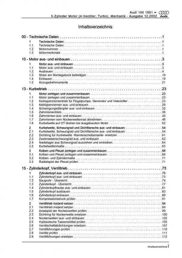 Audi 100 4A (90-97) 5-Zyl. Benzinmotor 230 PS Mechanik Reparaturanleitung PDF