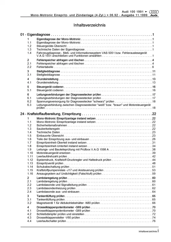 Audi 100 4A (90-92) Mono Motronic Einspritz- Zündanlage Reparaturanleitung PDF