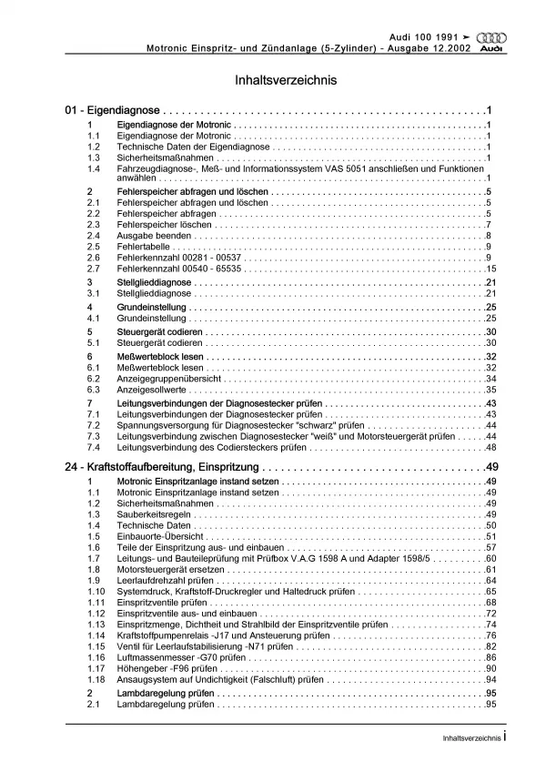 Audi 100 4A (90-97) Motronic Einspritz- Zündanlage 230 PS Reparaturanleitung PDF