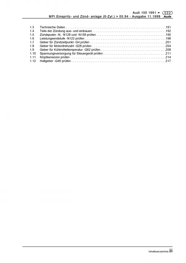 Audi 100 4A 1990-1994 MPI Einspritz- Zündanlage 174 PS Reparaturanleitung PDF