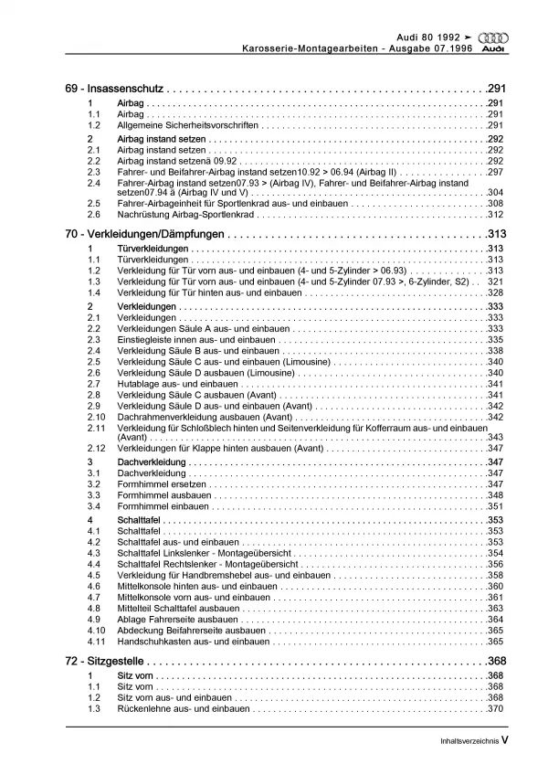 Audi 80 Typ 8C 1991-1995 Karosseriearbeiten Innen Außen Reparaturanleitung PDF