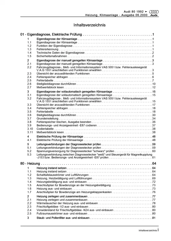 Audi 80 Typ 8C 1991-1995 Heizung Belüftung Klimaanlage Reparaturanleitung PDF