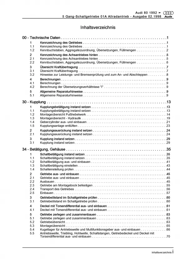 Audi 80 8C 1991-1995 5 Gang Schaltgetriebe 01A Kupplung Reparaturanleitung PDF