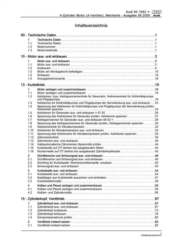 Audi 80 8C (91-95) 4-Zyl. Benzinmotor Mechanik 137-140 PS Reparaturanleitung PDF