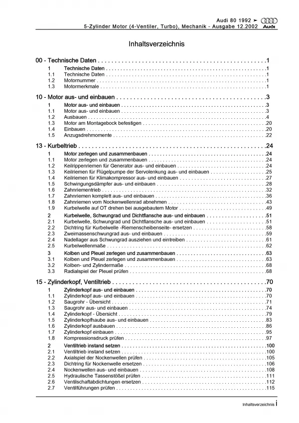 Audi 80 Typ 8C (91-95) 5-Zyl. Benzinmotor Mechanik 230 PS Reparaturanleitung PDF