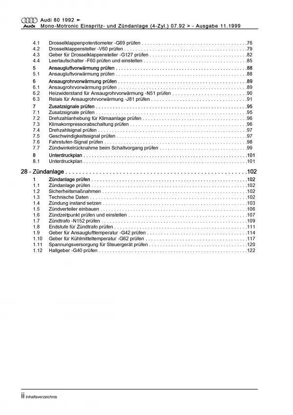 Audi 80 8C 1992-1995 Mono-Motronic Einspritz- Zündanlage Reparaturanleitung PDF