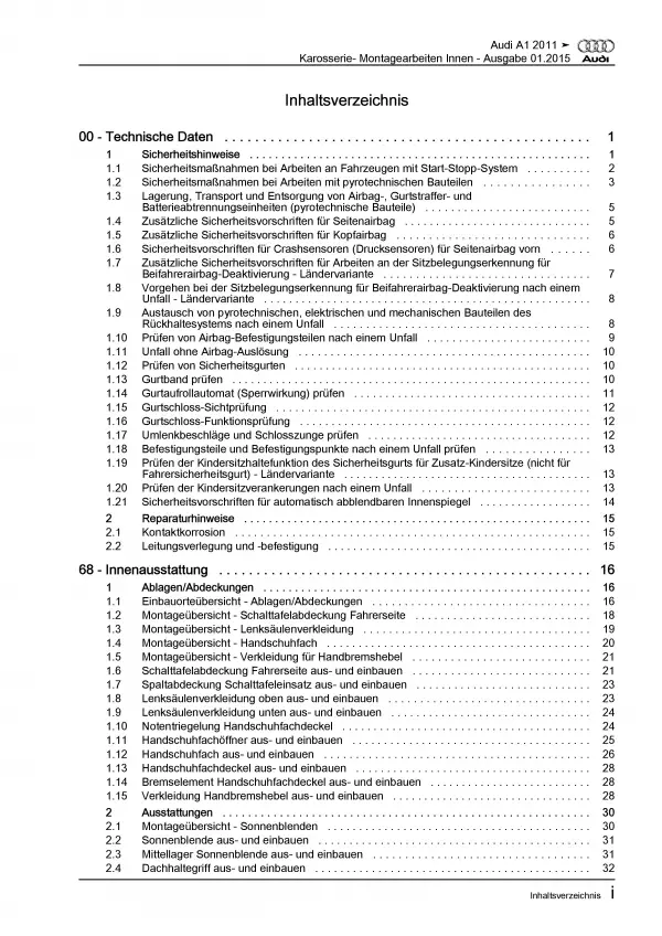 Audi A1 Typ 8X 2010-2018 Karosserie Montagearbeiten Innen Reparaturanleitung PDF