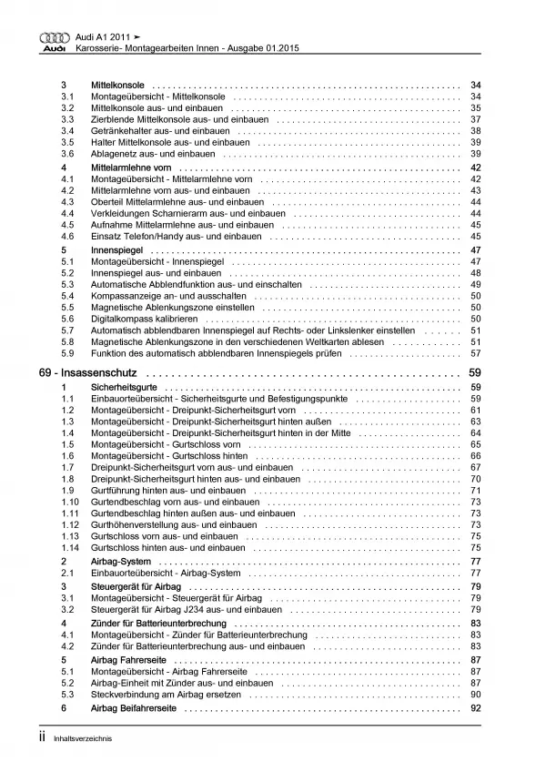 Audi A1 Typ 8X 2010-2018 Karosserie Montagearbeiten Innen Reparaturanleitung PDF