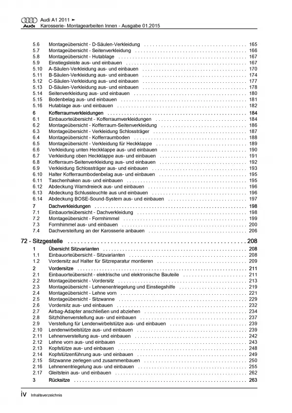 Audi A1 Typ 8X 2010-2018 Karosserie Montagearbeiten Innen Reparaturanleitung PDF