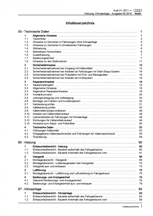 Audi A1 Typ 8X 2010-2018 Heizung Belüftung Klimaanlage Reparaturanleitung PDF