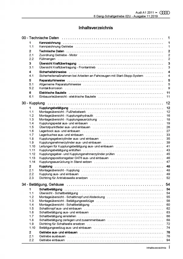 Audi A1 Typ 8X (10-18) 6 Gang Schaltgetriebe 02U Kupplung Reparaturanleitung PDF