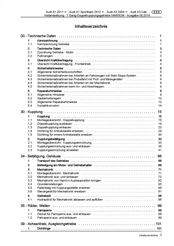 Audi A1 (10-18) Instandsetzung 7 Gang Automatikgetriebe Reparaturanleitung PDF