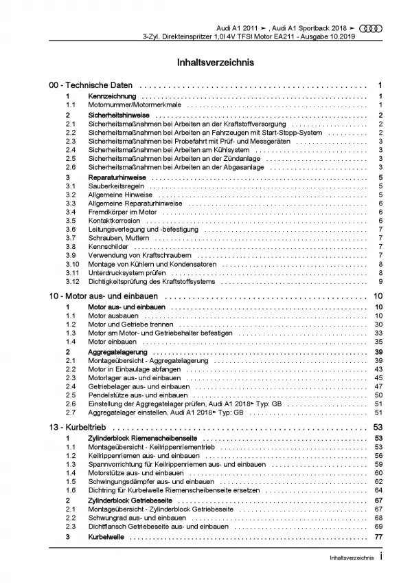 Audi A1 8X (10-18) 3-Zyl. 1,0l Benzinmotor TFSI 82-95 PS Reparaturanleitung PDF