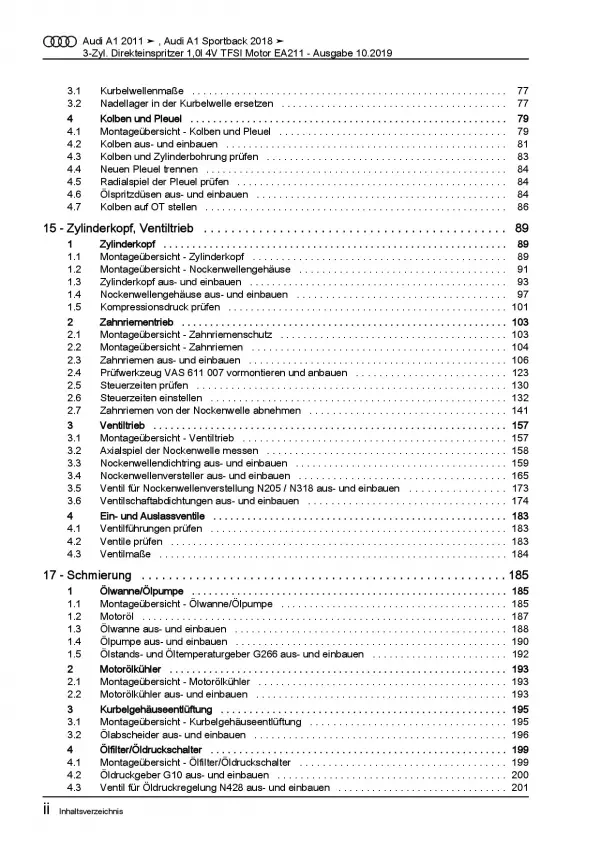 Audi A1 Typ 8X (10-18) 3-Zyl. 1,0l Benzinmotor TFSI 82-95 PS Reparaturanleitung