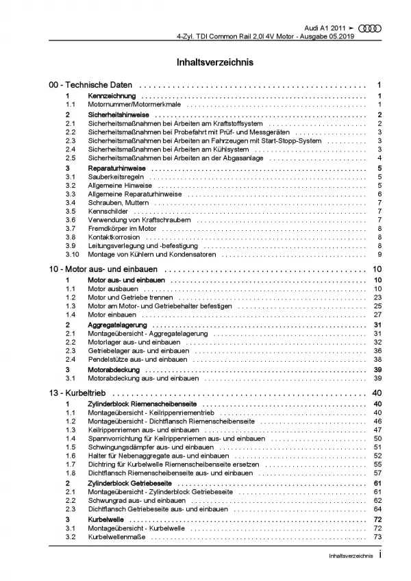 Audi A1 8X (10-18) 4-Zyl. 2,0l Dieselmotor TDI 136-143 PS Reparaturanleitung PDF