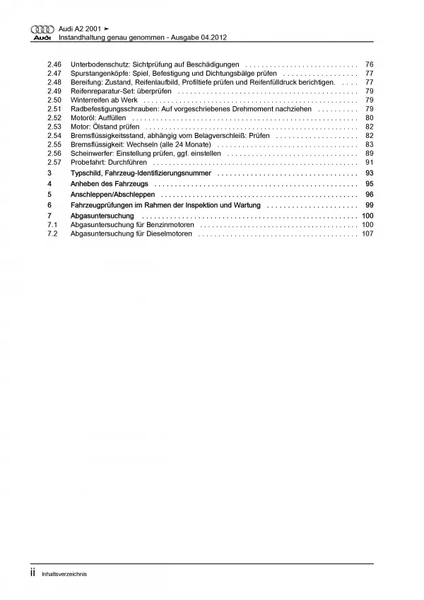 Audi A2 Typ 8Z (99-05) Instandhaltung Inspektion Wartung Reparaturanleitung PDF