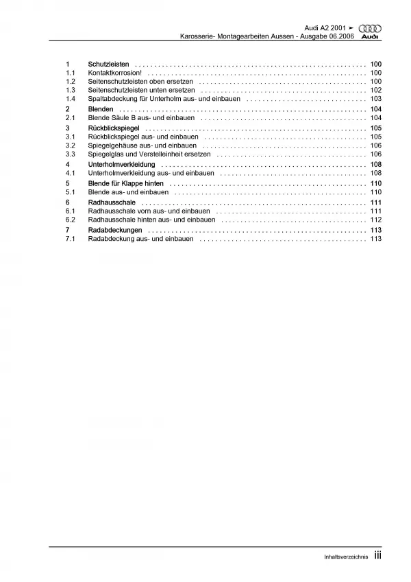 Audi A2 Typ 8Z 1999-2005 Karosserie Montagearbeiten Außen Reparaturanleitung PDF