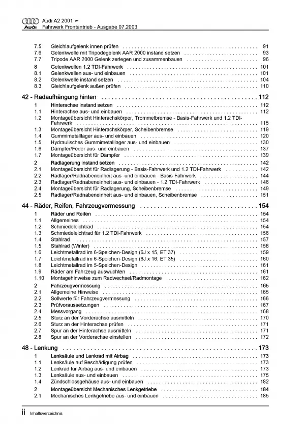 Audi A2 Typ 8Z 1999-2005 Fahrwerk Achsen Lenkung FWD 2WD Reparaturanleitung PDF