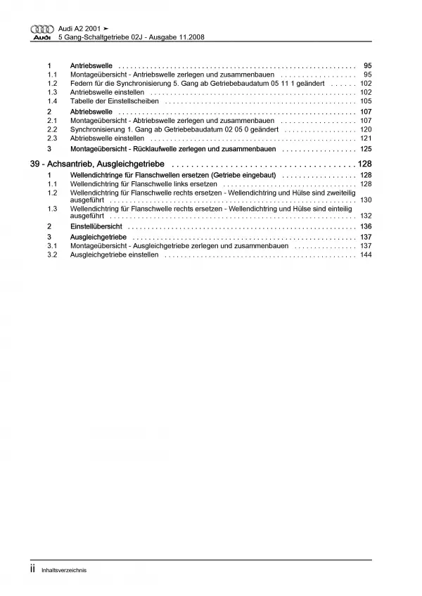 Audi A2 Typ 8Z (99-05) 5 Gang Schaltgetriebe Kupplung 02J Reparaturanleitung PDF