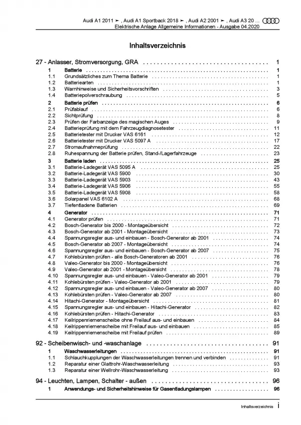 Audi A2 8Z 1999-2005 Allgemeine Infos Elektrische Anlage Reparaturanleitung PDF