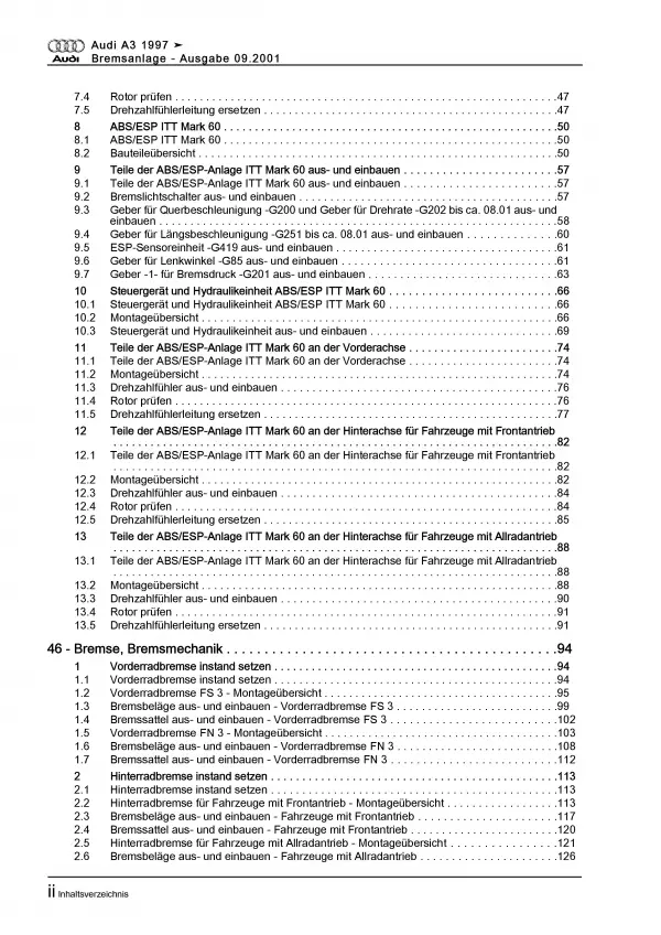 Audi A3 Typ 8L 1996-2006 Bremsanlagen Bremsen System Reparaturanleitung