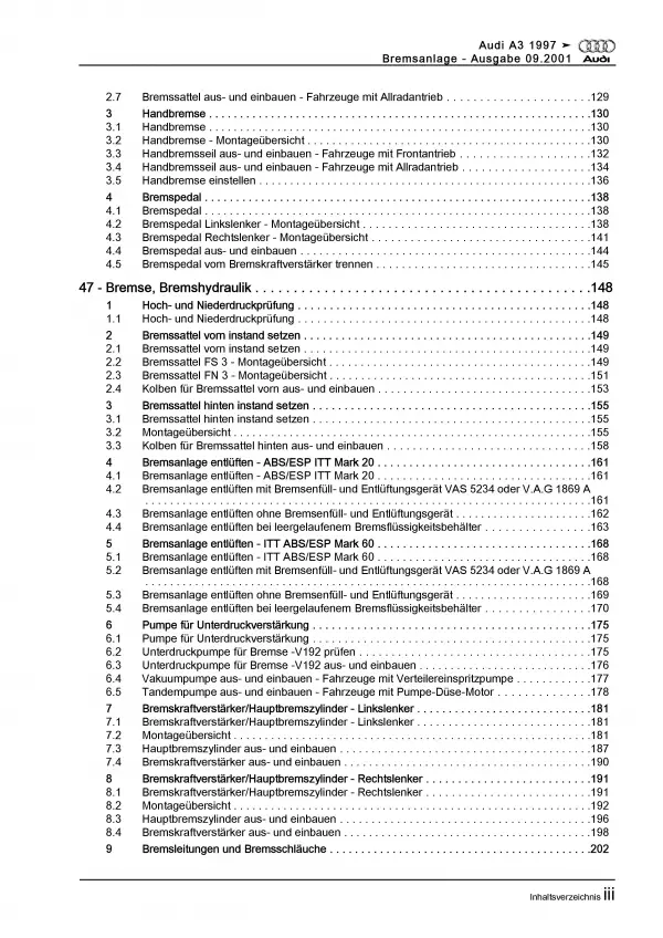 Audi A3 Typ 8L 1996-2006 Bremsanlagen Bremsen System Reparaturanleitung