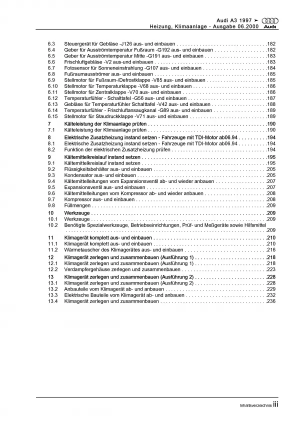 Audi A3 Typ 8L 1996-2006 Heizung Belüftung Klimaanlage Reparaturanleitung PDF