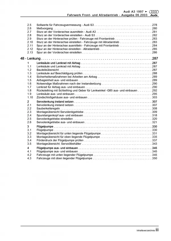 Audi A3 Typ 8L 1996-2006 Fahrwerk Achsen Lenkung FWD AWD Reparaturanleitung PDF