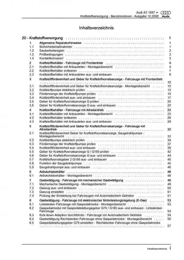 Audi A3 8L 1996-2006 Kraftstoffversorgung Benzinmotoren Reparaturanleitung PDF