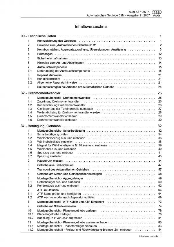 Audi A3 Typ 8L 1996-2006 4 Gang Automatikgetriebe 01M Reparaturanleitung PDF