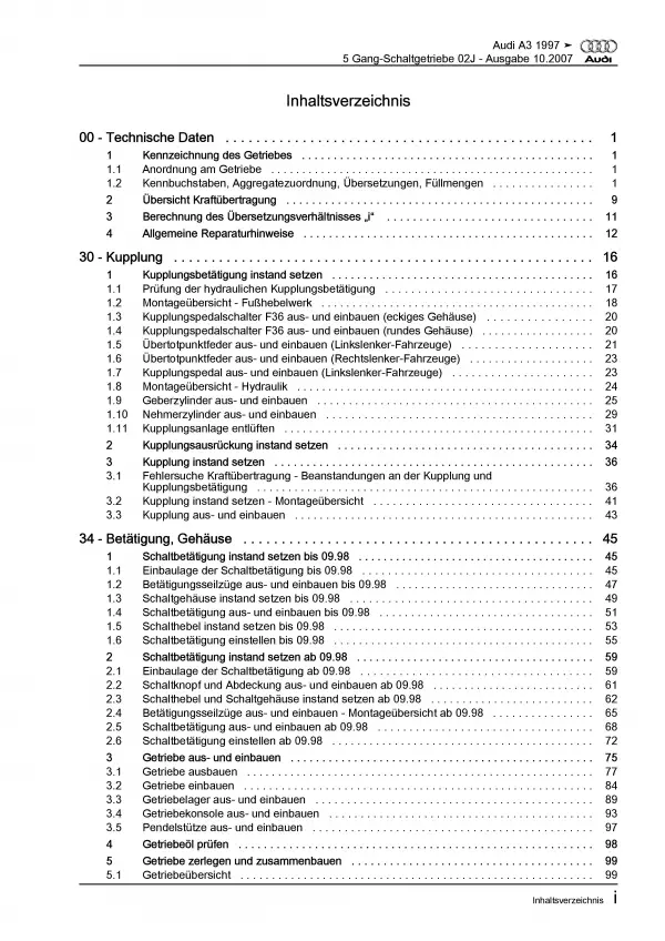 Audi A3 Typ 8L (96-06) 5 Gang Schaltgetriebe 02J Kupplung Reparaturanleitung PDF