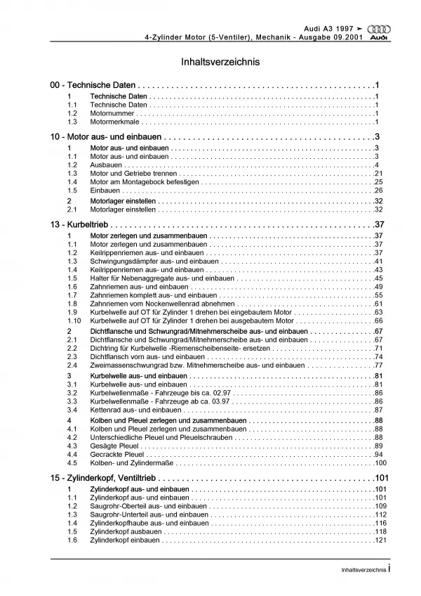 Audi A3 8L 1996-2006 1,8l Benzinmotor 125 PS Mechanik Reparaturanleitung PDF