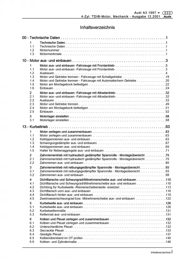 Audi A3 8L 1996-2006 1,9l Dieselmotor Mechanik 100-131 PS Reparaturanleitung PDF