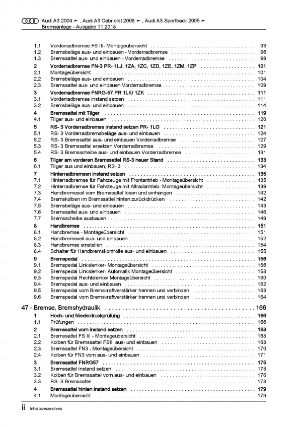 Audi A3 Typ 8P 2003-2012 Bremsanlagen Bremsen System Reparaturanleitung