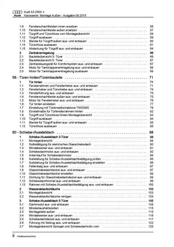 Audi A3 Typ 8P 2003-2012 Karosserie Montagearbeiten Außen Reparaturanleitung PDF