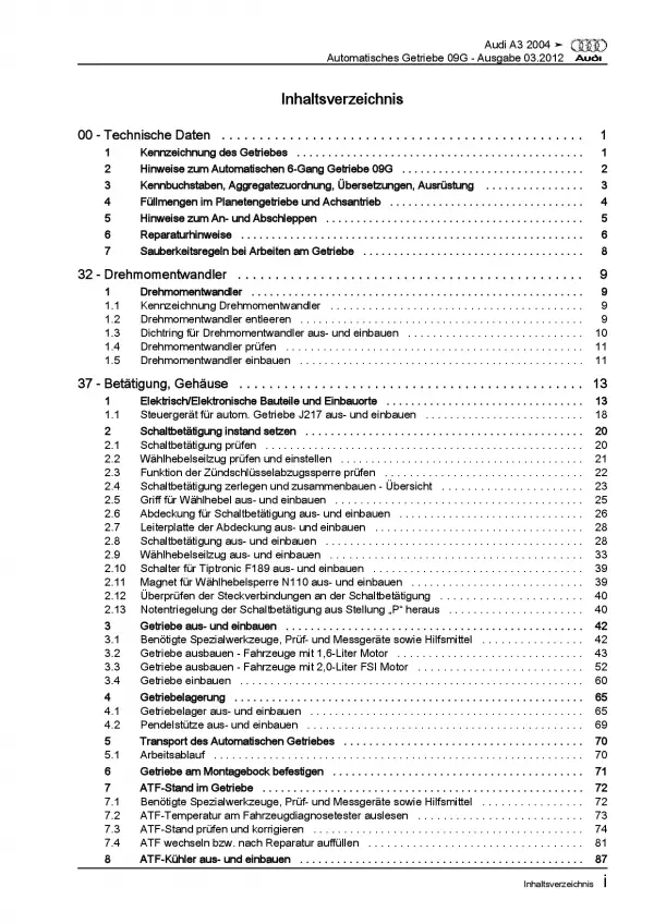 Audi A3 Typ 8P 2003-2012 6 Gang Automatikgetriebe 09G Reparaturanleitung PDF