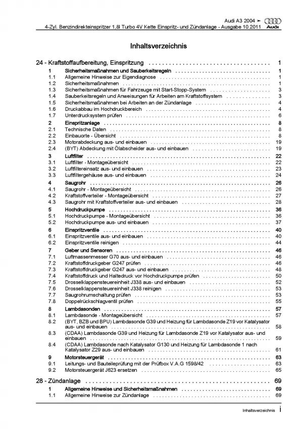 Audi A3 8P 2003-2012 Benzin Einspritz- Zündanlage 160 PS Reparaturanleitung PDF