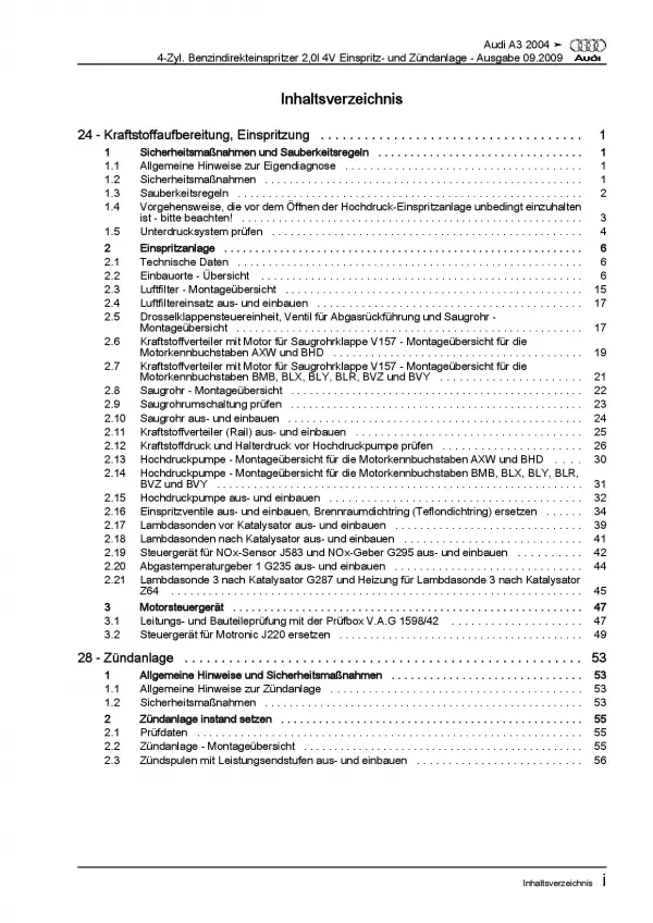 Audi A3 8P (03-12) 4-Zyl. Benzin Einspritz- Zündanlage 150 PS Reparaturanleitung